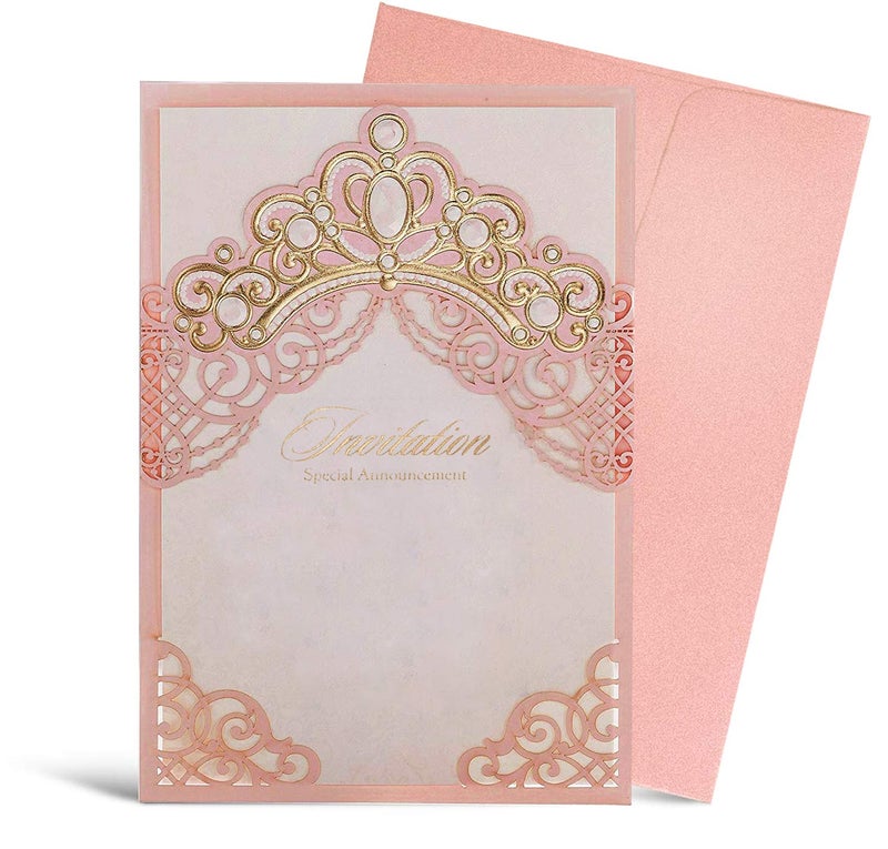 Hosmsua 50PCS Blank Pink Quinceanera Invitations Kit 5x7.3 Inch Laser Cut Floral Gold Crown Pocket Quinceanera Invitation Cards with Envelopes for Birthday Bridal Shower Invite - Image 1